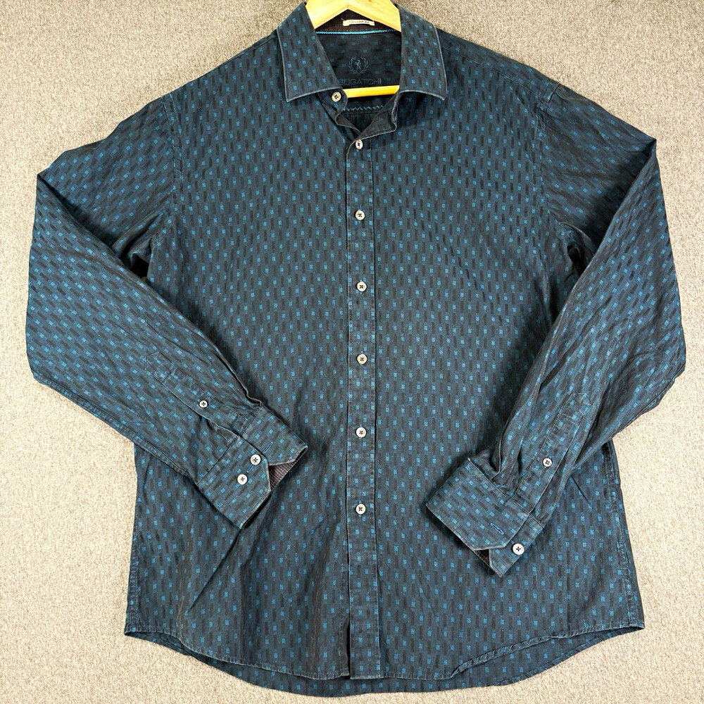 Bugatchi Uomo Shirt Mens M Blue Geometric Long Sleeve Shaped Fit Woven Spread